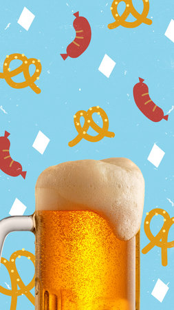 Creative art design for ad of traditional beer mug with thick foam stands against light blue backdrop covered in sausages and pretzels, styled in folk retro art aesthetics. Snack and beverage comboの写真素材