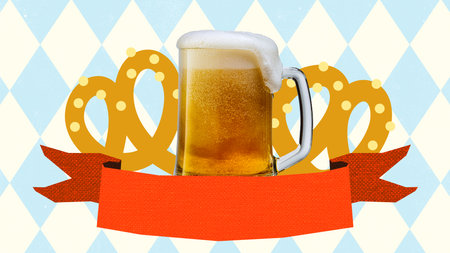 Surreal collage art of overflowing beer mug in front of stylized pretzels and red banner on Bavarian checkered background, designed as folk and modern retro aesthetic style.の写真素材