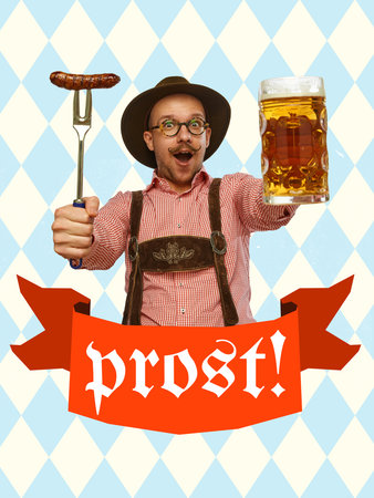 Bold colorful poster showing cheerful man in traditional Bavarian outfit raising beer stein and sausage on fork, standing before blue diamond backdrop with red ribbon. Oktoberfest adsの写真素材
