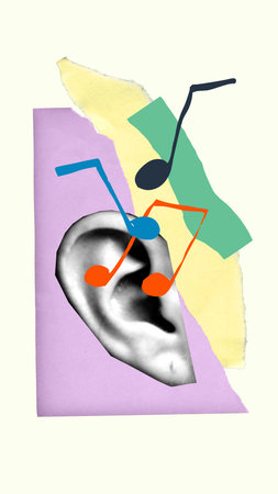 Surreal collage mixes black-and-white photo of ear with playful music notes and layered paper textures. Abstract sound concept.の写真素材