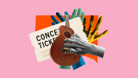 Bright and humorous collage with plucking hand, concert ticket, ukulele, and paper-cut colorful...