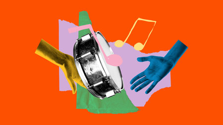 Graphic collage of snare drum and two hands, surrounded by oversized notes and layered paper...