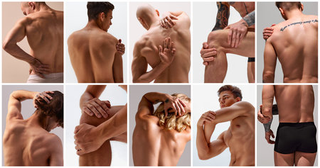 Collage of men stretching and posing, highlighting back muscles, tattoos, and skin folds in clean light backgrounds. Concept of body movement analysis, natural beauty, health illustrationの写真素材