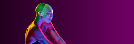 Digital artwork of female figure in 3D transparent helmet and headphones leaning forward in neon...