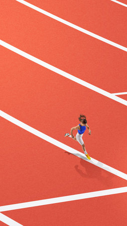 Stylized top-down vertical composition showing a lone female athlete running on clean, bright red...