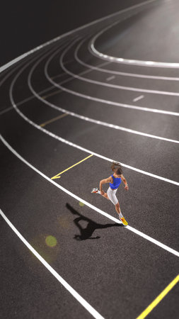 High-contrast vertical shot of a focused female sprinter running on a black track, casting a sharp...