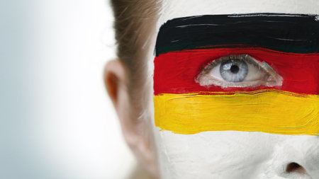 Close-up of face painted in German flag colors expressing patriotic emotion, fan passion, and national sports pride. Represents loyalty, excitement, and team support during a sporting event.の写真素材