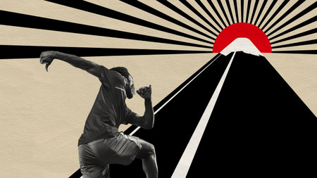 Vibrant graphic collage. Black-and-white runner sprints towards a stylized sun and mountain path, symbolizing ambition and achievement. Concept of chasing potential through disciplined motionの写真素材