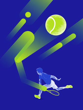 An abstract tennis player, in shades of blue and neon green, striking a ball in motion against a dim backdrop.の写真素材