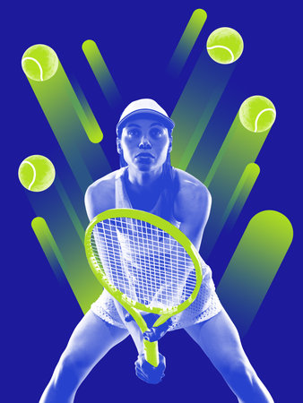 Concentrated woman tennis player gets ready to hit bright neon tennis balls set against a vivid blue backdrop. Idea of energetic sports movement and concentration.の写真素材