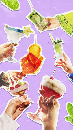 Eye-catching collage of various beverages displays a variety of hands, both male and female, clutching colorful drinks against a purple background. Beverage advertising.の写真素材
