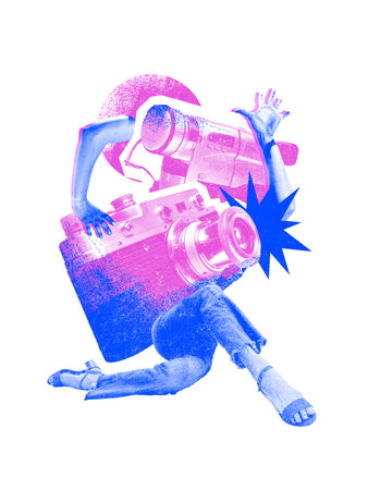 Abstract collage showing human limbs merged with cameras in motion. Concept of creative industry, surreal teamwork and artistic collaborationの写真素材