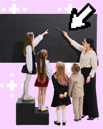 Colorful composition. Teacher and students gesture to a blank blackboard with a pixel cursor. Concept of creative back to school marketing, educational advertising and academic motivation for kidsの写真素材