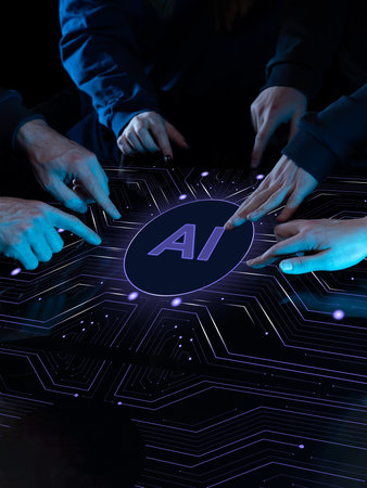 Group of professionals pointing to central AI node on glowing futuristic interface with circuit patterns. Concept of artificial intelligence collaboration, machine learning, and teamwork.の写真素材