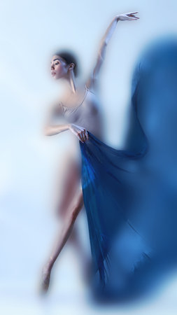 Poised faded dancer captured mid turn with vibrant blue silk, surrounded by cool hues and soft focus light, portraying fragile grace and controlled energy. Concept of limited edition art book layoutsの写真素材