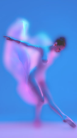 Bold visual composition blending neon pinks and blues, faded ballet dancer caught in fluid, glowing movement. Emotion through minimalist body language and balance. Concept of look book layoutsの写真素材