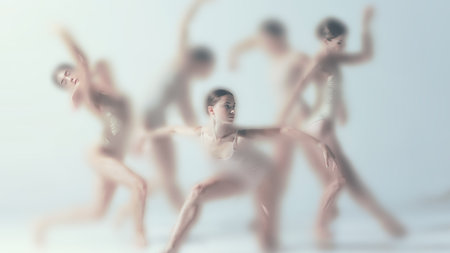 Soft faded dance composition featuring group of ballet dancers in coordinated yet individually...