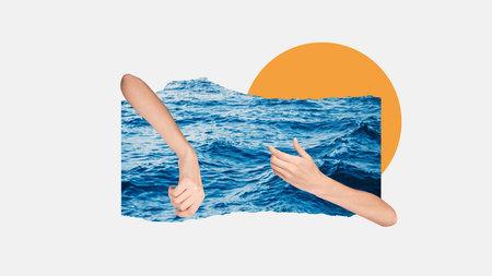 Pair of human arms extend from either side of ocean slice, surrounded by white space and warm orange sun, forming striking and surreal visual composition. Concept of human fragilityの写真素材