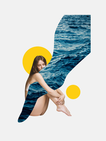 Nude woman sits curled inward, partly blended with a shape filled with ocean waves. Bright yellow circles accentuate the minimalist composition. Concept of emotions, circumstances and inner peaceの写真素材