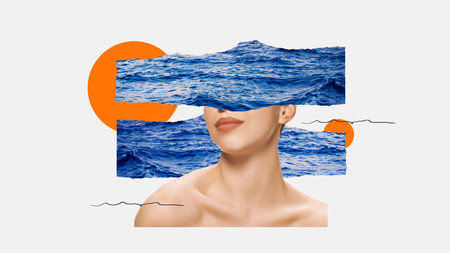 Surreal portrait collage. Woman face partially hidden behind torn horizontal stripes of ocean waves, orange sun shapes behind. Concept of fragmented perception in emotional stateの写真素材