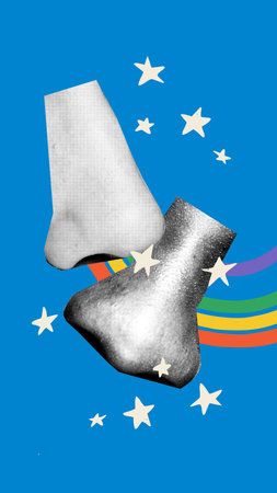 Surreal collage. Two human noses facing each other with rainbow lines and white stars on blue background. Symbolizes intuition, truth, and inner freedom. Social campaigns on change and identityの写真素材