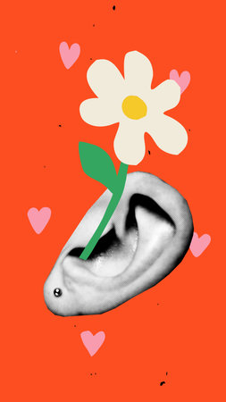 Modern cut out collage. Black and white ear with a flower sprouting from it, surrounded by hearts. Symbol of empathy and love. Concept of active listening and mentoringの写真素材