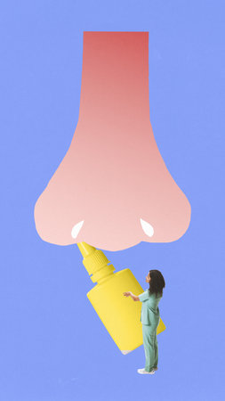 Doctor with yellow spray bottle under stylized red-gradient nose illustration in 3D gradient medical style. Concept of allergy and sinus treatment, patient care diagnostics and otolaryngologyの写真素材