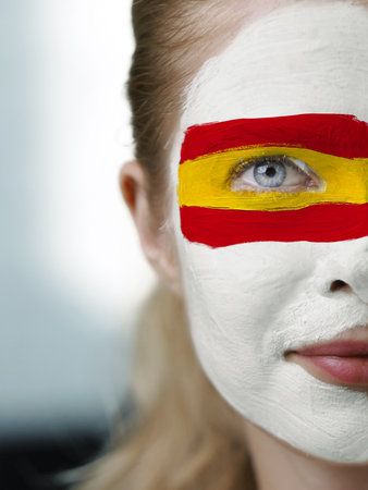 A face adorned with the colors of the Spanish flag symbolizes national pride and the expression of cultural identity. This reflects the concept of patriotism and cultural representation in Spain.の写真素材