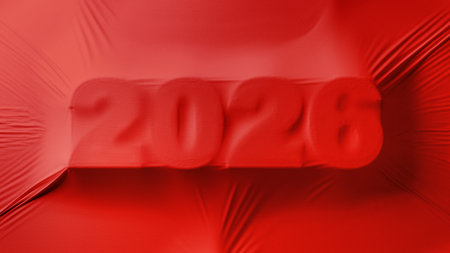 A bold red fabric background features large 3D numbers 2026 emerging from the surface. Concept of...