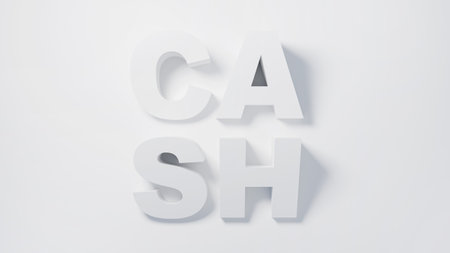 White letters spelling CASH emerge against a simple white backdrop, with gentle shadows adding dimension. Represents financial ideas and visualizing cash movement.の写真素材