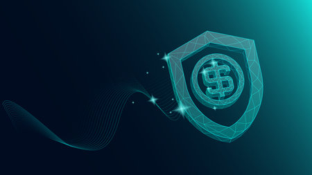 Vector design. Wireframe dollar shield emitting financial protection energy. Concept of cyber defense, digital money insurance, online banking security, fintech risk management.のイラスト素材
