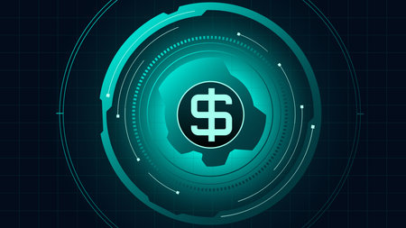 Dollar symbol inside futuristic rotating teal interface expressing power and financial precision. Concept of economic technology, investment dashboards, and secure software control mechanisms.のイラスト素材