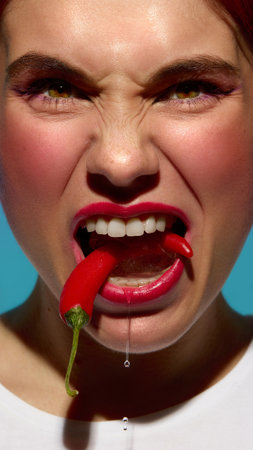 Aggressive woman biting red chili frozen in ice with tense facial expression and dripping water....
