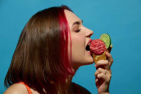 Young woman with red hair biting lime and meat ice cream cone with curious expression. Concept of...