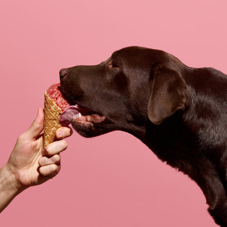 Chocolate labrador happily licking raw meat ice cream from cone against pink background. Concept of...