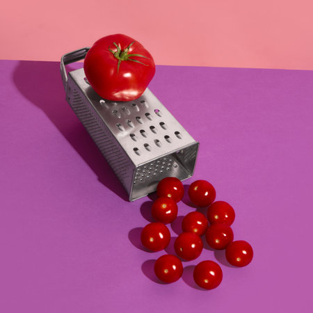 Whole tomato resting on grater with cherry tomatoes scattered on purple surface. Concept of culinary...