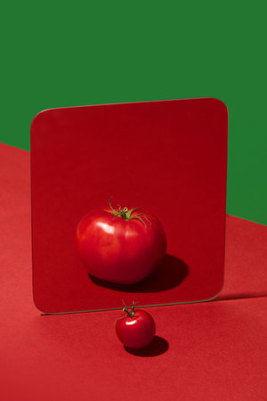Cherry tomato reflects as big tomato, showing ambition. Concept of growth, identity, and transformation in food marketing, symbolism, and lifestyle visuals.の写真素材