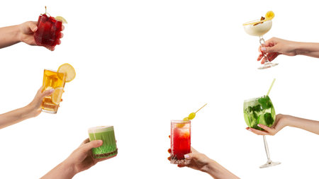 Collage of summer cocktails in hands on white background with citrus and mint. Concept of refreshing...