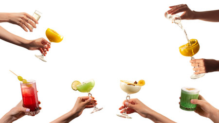 Collage of colorful cocktails in hands with yellow and green drinks on white background. Concept of mixology, beverage branding, summer menus, lifestyle, party visuals, bar advertising.の写真素材