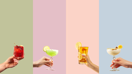 Collage of colorful cocktails held by hands on pastel vertical panels. Concept of summer drinks, menu design, beverage ads, modern lifestyle, hospitality, party visuals.の写真素材