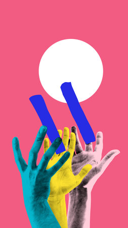 Bold poster of raised multicolored hands reaching toward white circle on pink background. Concept of collective action, empowerment, diversity, feminist outreach, youth inclusion.の写真素材