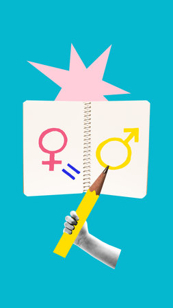 Colorful poster. Notebook with gender symbols and equality sign held by hand on blue background. Concept of gender rights education, school equality materials, human rights training visuals.の写真素材