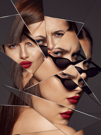 Modern poster. Fragmented portrait of woman in mirror shards with multiple emotions and red...