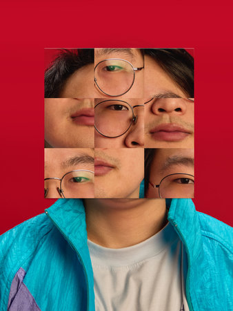 Digital collage of Asian male face split into mismatched squares on red background. Concept of...