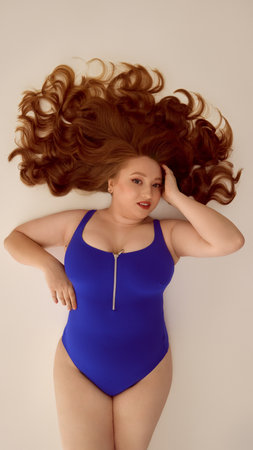 Woman in blue swimsuit with flowing hair lying on neutral background. Concept of serene beauty, quiet confidence, authenticity in portraits.の写真素材
