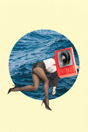 Creative collage of woman with red TV head showing eye bending into ocean circle. Concept of digital surveillance, workplace anxiety, privacy erosion, subconscious tension in corporate media culture.の写真素材