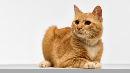 Ginger cat laying down with calm expression. Concept of pet relaxation, animal temperament, domestic tranquility, veterinary content, and feline care campaigns.の写真素材
