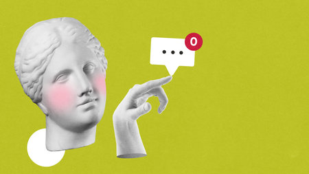 Modern artwork of female sculpture head and hand with zero messages symbol on green background. Concept of digital loneliness, youth education, media awareness, and teen mental health.の写真素材