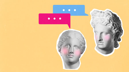 Creative digital artwork of classical sculptures chatting with speech bubbles on pastel background....