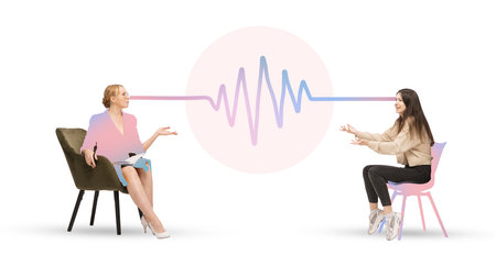 Pastel digital artwork. Two women in emotional conversation with connected soundwave. Concept of...